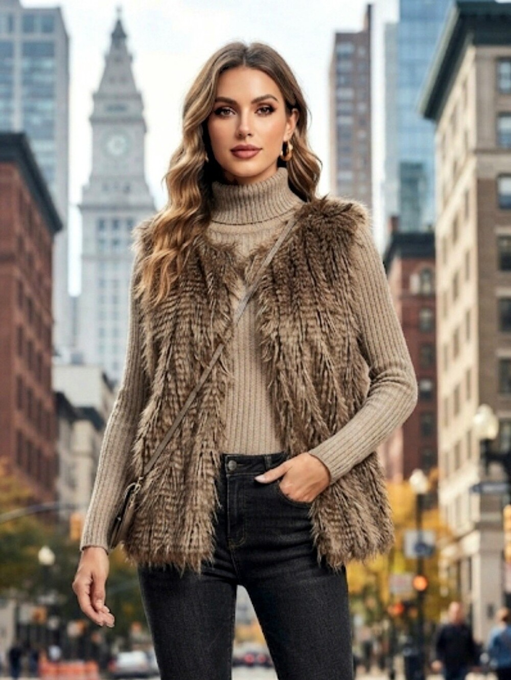 Yoki New York FeatheryTonal Brown Faux Fur Vest Size Medium